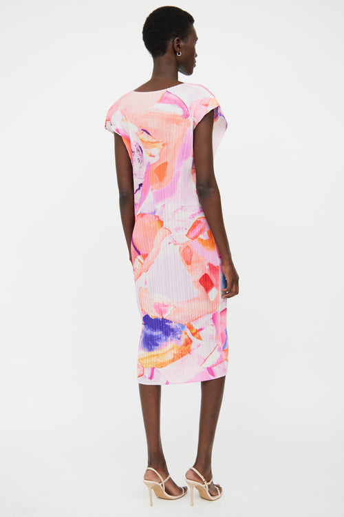 Pleats Please Issey Miyake Pink & Orange Water Colour Pleated Dress