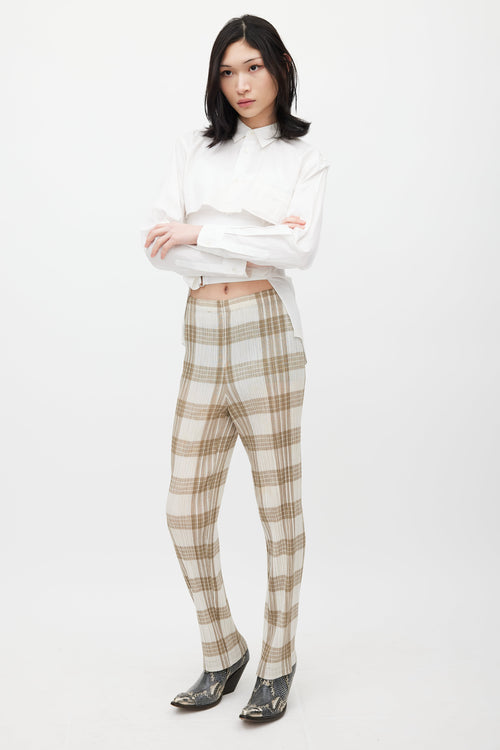 Issey Miyake White & Beige Pleated Plaid Trouser