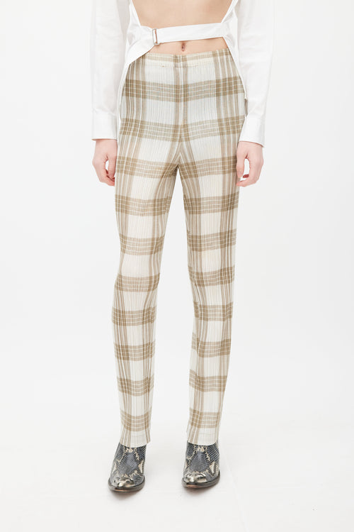 Issey Miyake White & Beige Pleated Plaid Trouser