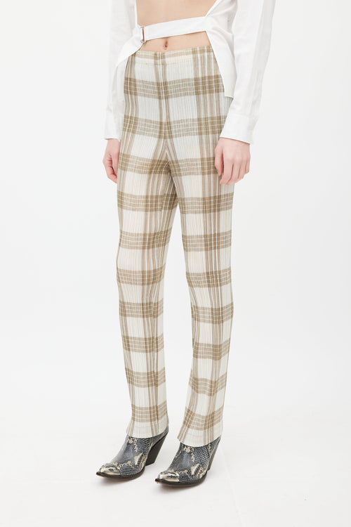 Issey Miyake White & Beige Pleated Plaid Trouser