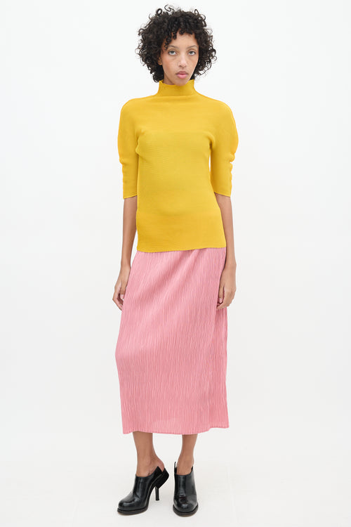 Issey Miyake Yellow Pleated Mock Neck Top