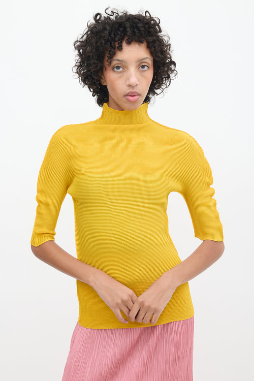 Issey Miyake Yellow Pleated Mock Neck Top