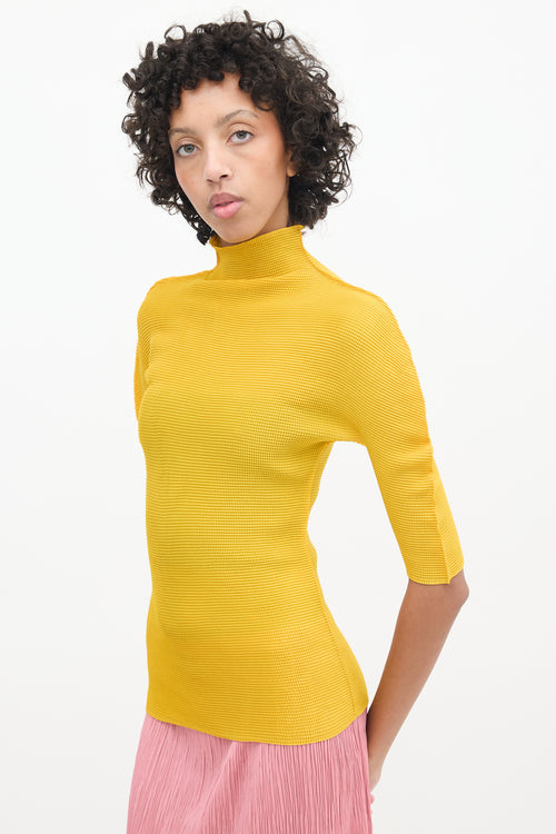 Issey Miyake Yellow Pleated Mock Neck Top