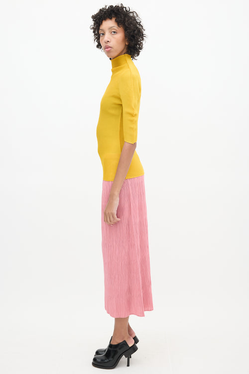 Issey Miyake Yellow Pleated Mock Neck Top