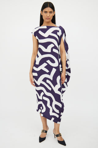 Issey Miyake White & Navy Pleated Asymmetrical Dress