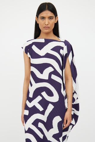 Issey Miyake White & Navy Pleated Asymmetrical Dress