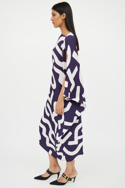 Issey Miyake White & Navy Pleated Asymmetrical Dress