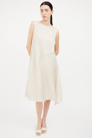 Pleats Please Issey Miyake Ivory Pleated Asymmetrical  Dress