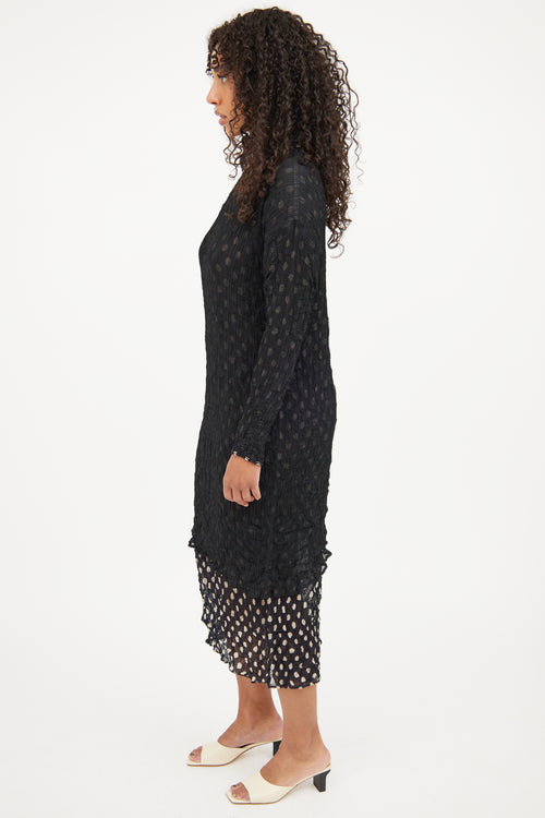 Issey Miyake Black & Beige Dot Pleated  Dress