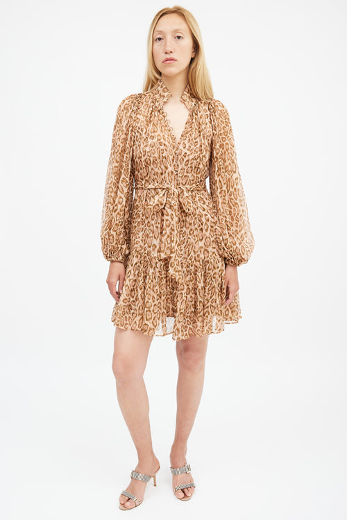 Zimmermann Fall 2019 Brown & Pink Silk Printed Espionage Belted Dress