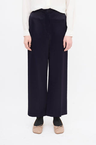 Jil Sander Navy Satin Wide Leg Trouser