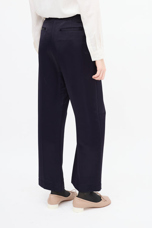 Jil Sander Navy Satin Wide Leg Trouser