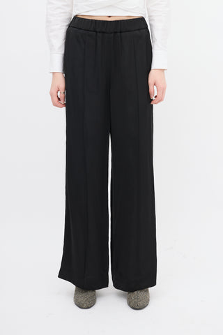 Jil Sander Black Satin Pintuck Wide Leg Pant