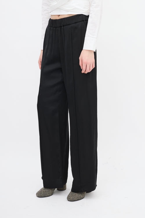 Jil Sander Black Satin Pintuck Wide Leg Pant