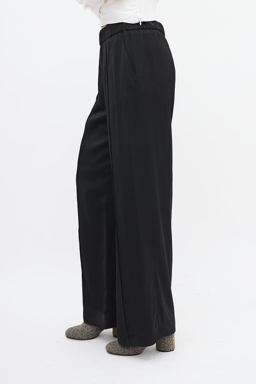 Jil Sander Black Satin Pintuck Wide Leg Pant