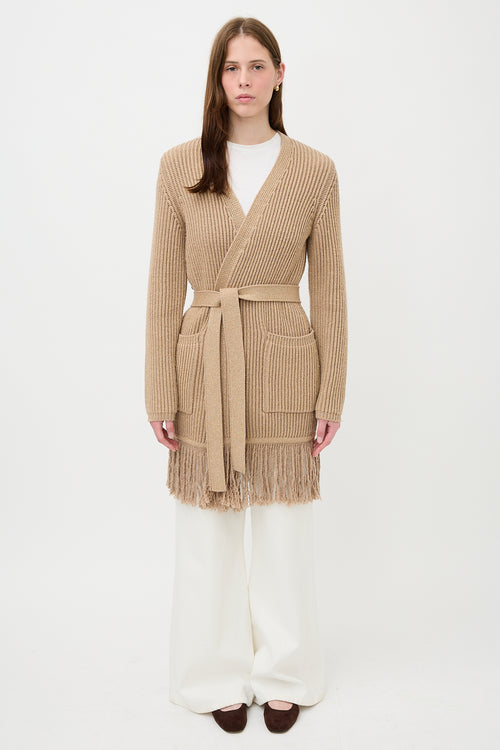 Max Mara Ribbed Knit Fringe Belted Cardigan