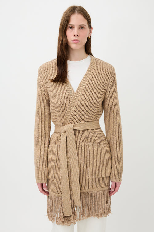 Max Mara Ribbed Knit Fringe Belted Cardigan