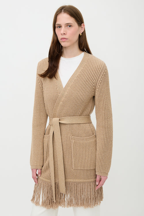 Max Mara Ribbed Knit Fringe Belted Cardigan