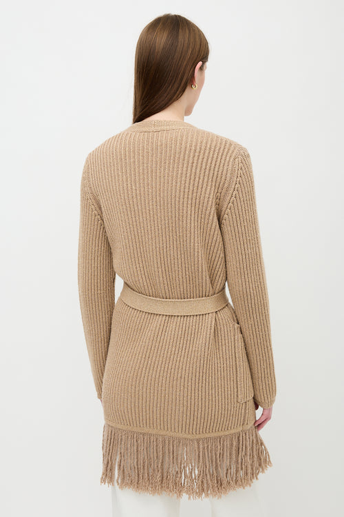 Max Mara Ribbed Knit Fringe Belted Cardigan