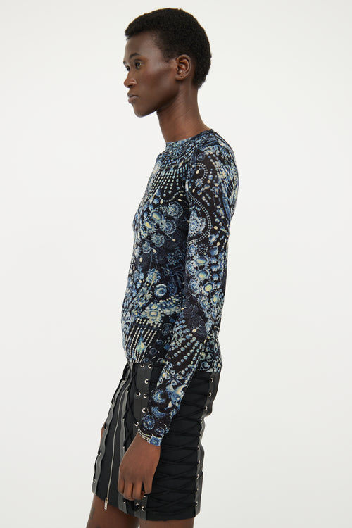 Jean Paul Gaultier Blue & Multi Patterned Sheer Top