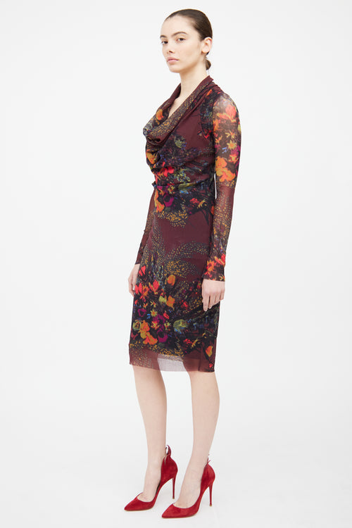 Jean Paul Gaultier Soleil Burgundy Floral Mesh Dress