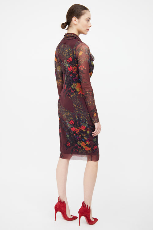 Jean Paul Gaultier Soleil Burgundy Floral Mesh Dress