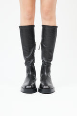  Black Leather Knee High Square Toe Boot