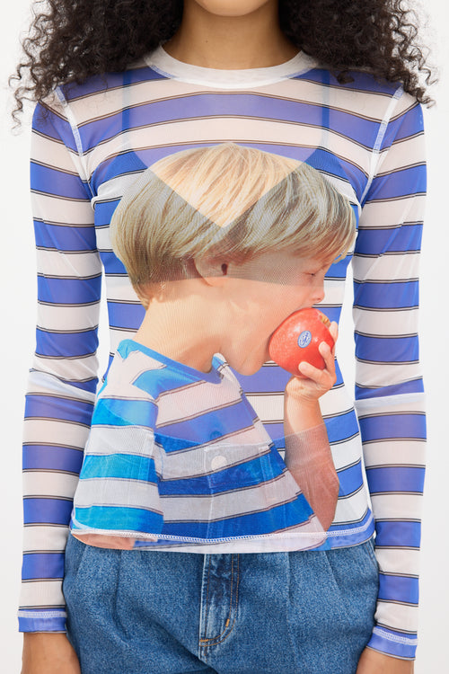 JW Anderson Blue & White Mesh Striped Graphic Top