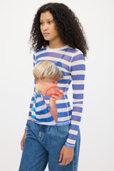 JW Anderson Blue & White Mesh Striped Graphic Top