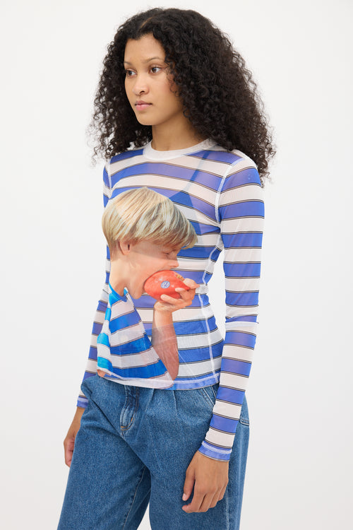JW Anderson Blue & White Mesh Striped Graphic Top