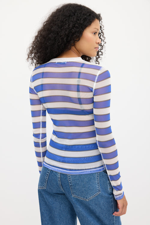 JW Anderson Blue & White Mesh Striped Graphic Top
