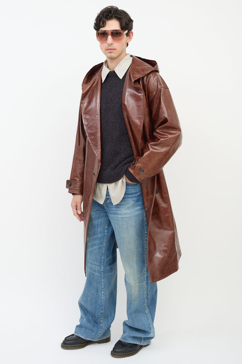 JW Anderson Brown Leather Hooded Trench Coat