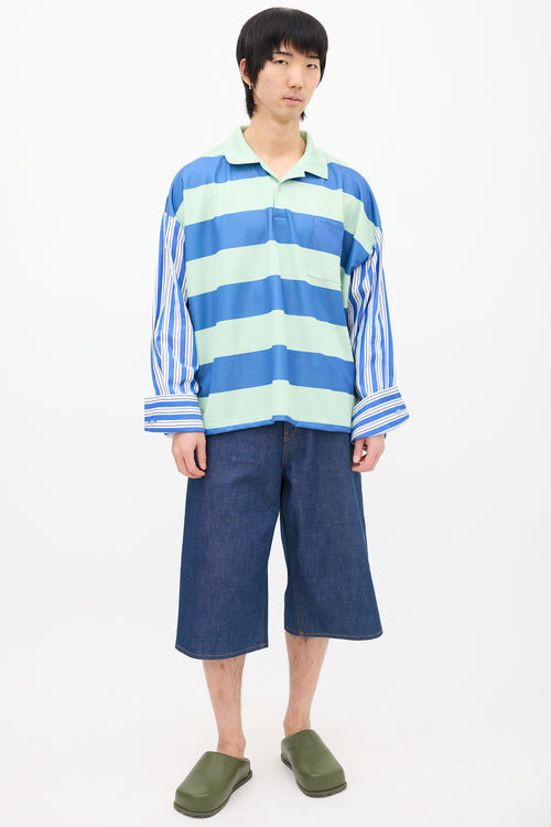 JW Anderson Green & Blue Striped Contrast Polo