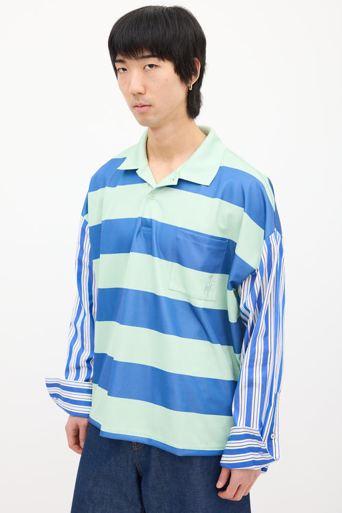 JW Anderson Green & Blue Striped Contrast Polo