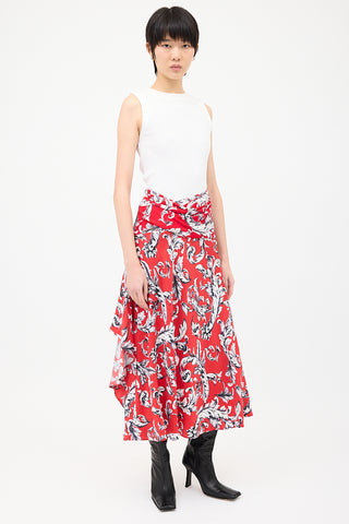 JW Anderson Red & Multi Silk Printed Asymmetrical Skirt