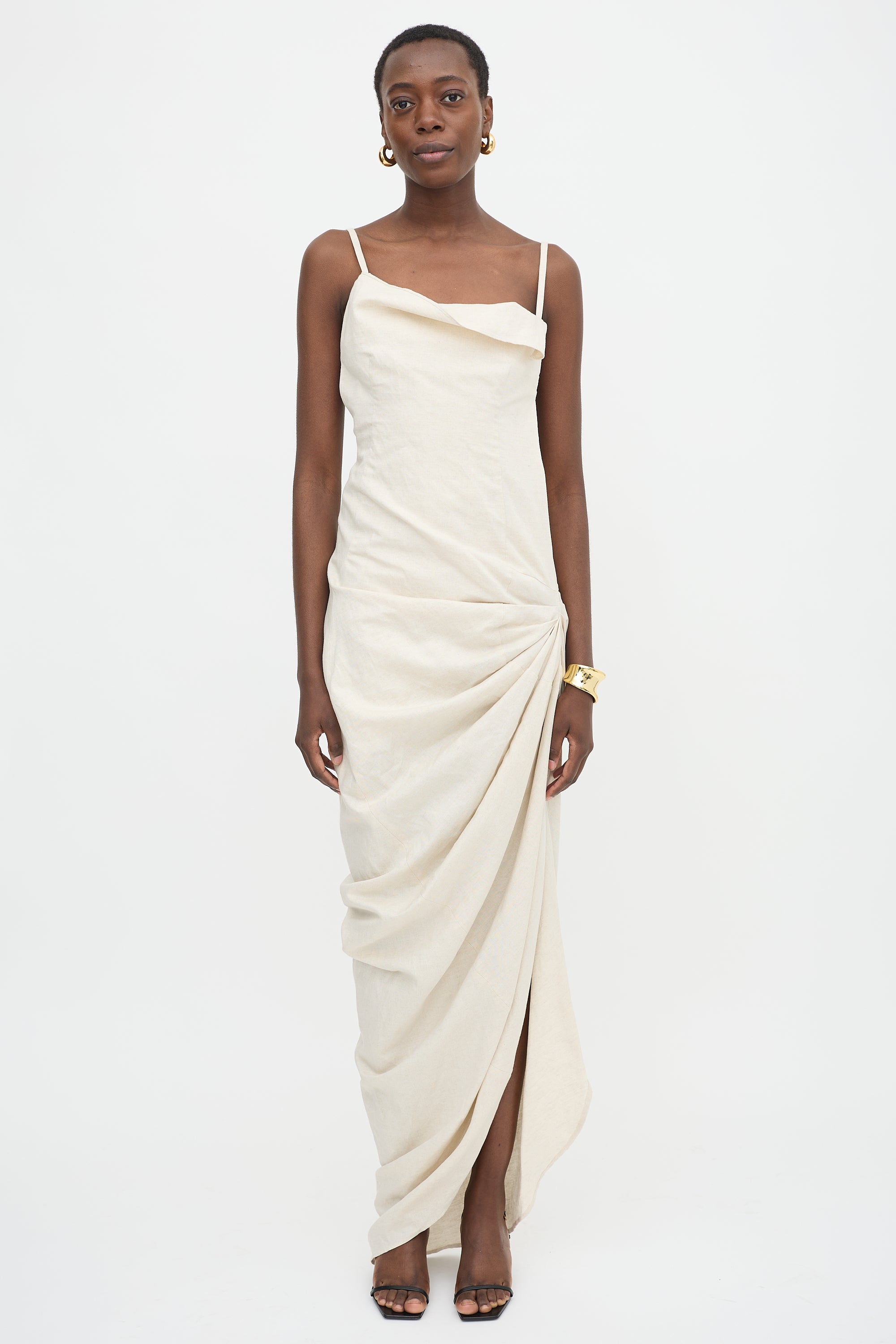 jacquemus ruched dress Ruched cotton-gauze maxi dress - white