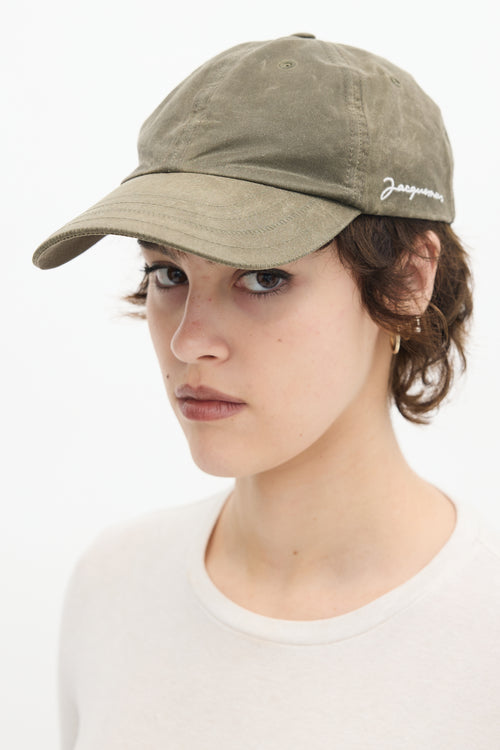 Jacquemus Khaki Green Waxed Cotton Logo Baseball Hat