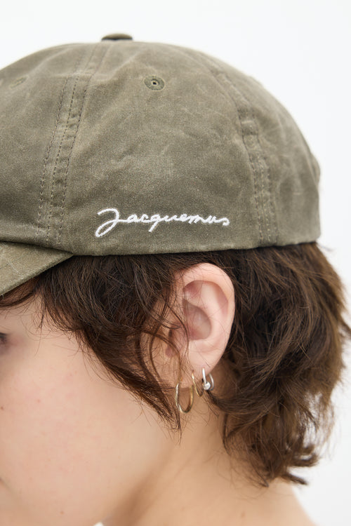 Jacquemus Khaki Green Waxed Cotton Logo Baseball Hat