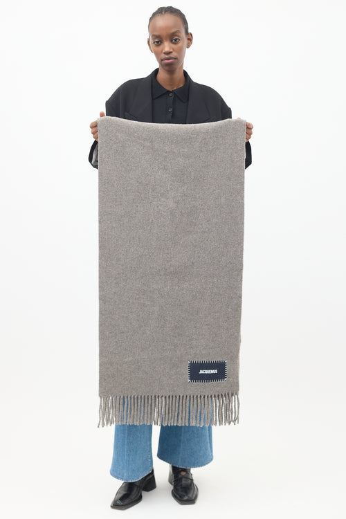 Jacquemus Grey Wool Label Logo Fringe Scarf