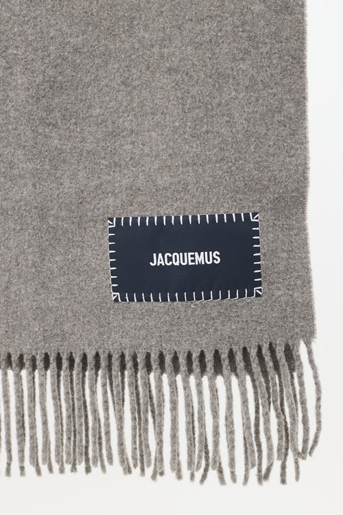 Jacquemus Grey Wool Label Logo Fringe Scarf