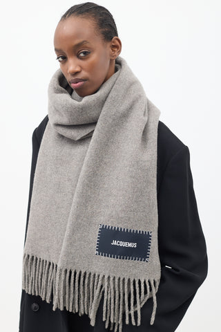 Jacquemus Grey Wool Label Logo Fringe Scarf