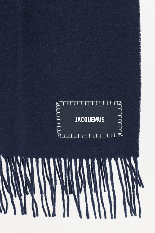 Jacquemus Navy Wool Label Logo Fringe Scarf