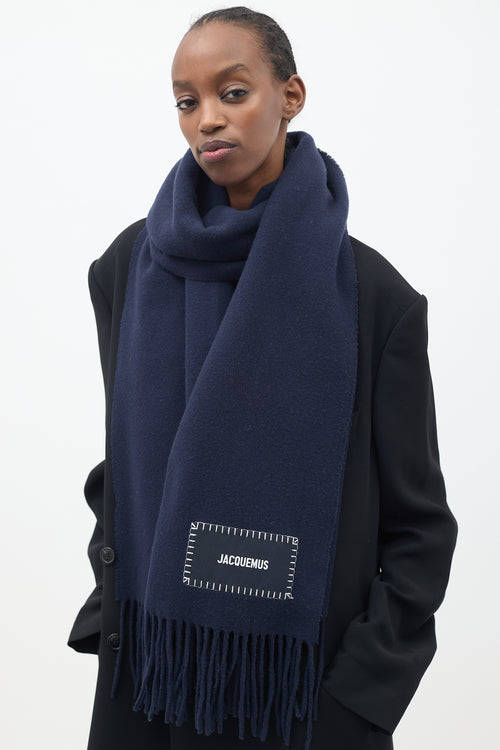 Jacquemus Navy Wool Label Logo Fringe Scarf