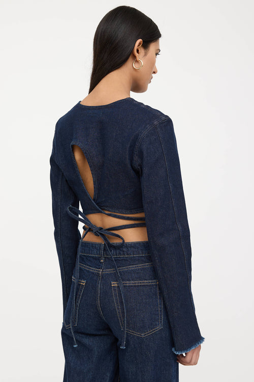 Denim Cropped Tie Jacket