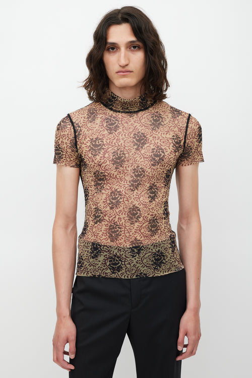 Jean Paul Gaultier Beige & Red Floral Mesh Top
