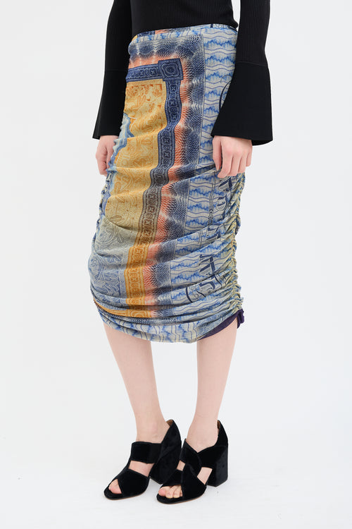 Jean Paul Gaultier Blue & Orange Scarf Print Midi Skirt