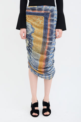 Jean Paul Gaultier Blue & Orange Scarf Print Midi Skirt