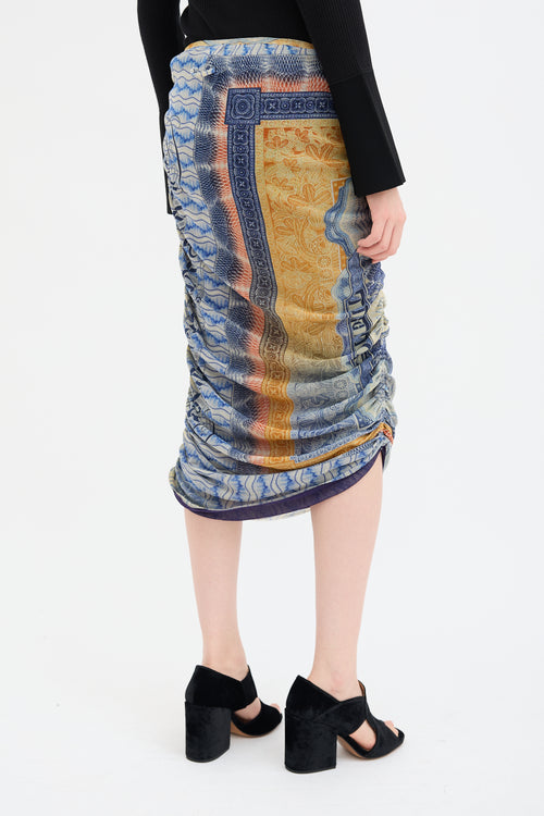 Jean Paul Gaultier Blue & Orange Scarf Print Midi Skirt