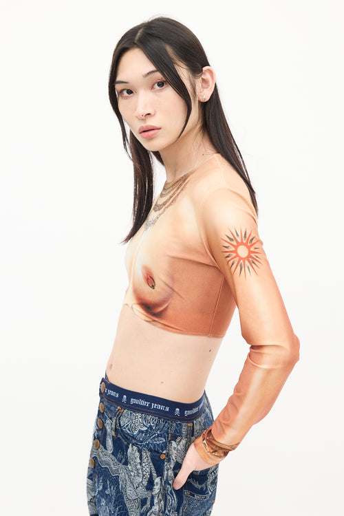 Jean Paul Gaultier Brown Nylon Chest Trompe L'Oeil Crop Top