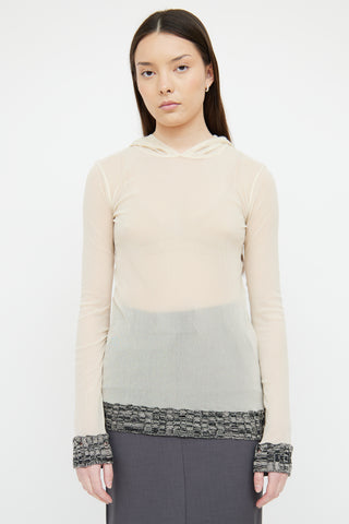 Jean Paul Gaultier Cream Sheer Mesh & Knit Hooded Top